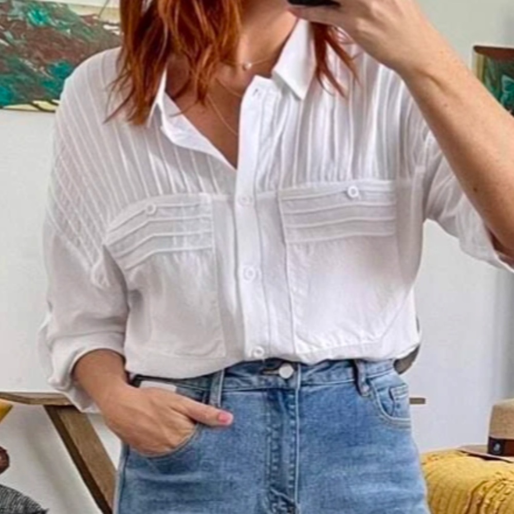 031 Pleated Oversized Boyfriend Button up Top - Picture 5 of 7